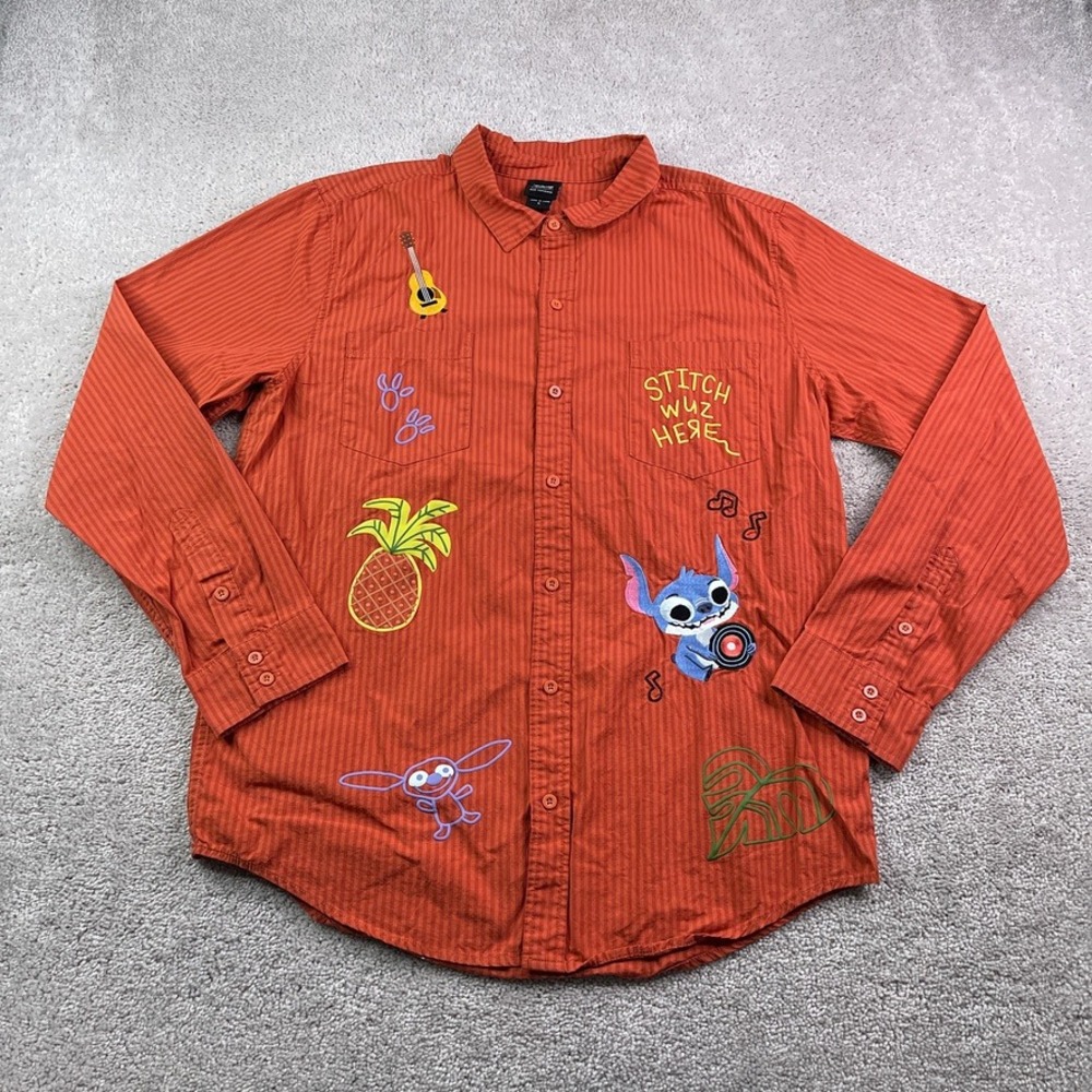 Disney Our Universe Shirt Mens Large Orange Lilo Stitch Embroidered Button Up
